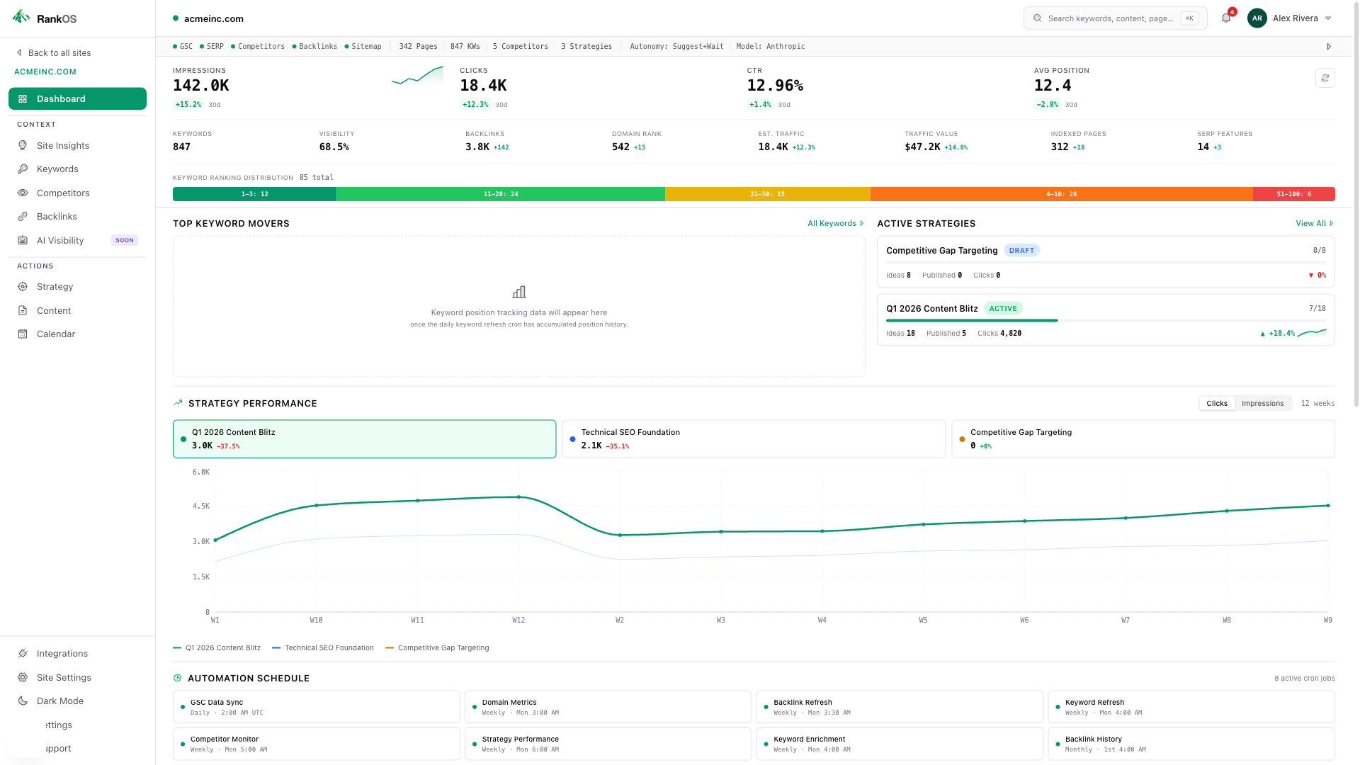 PageRise site dashboard showing comprehensive SEO metrics, keyword rankings, and AI agent activity