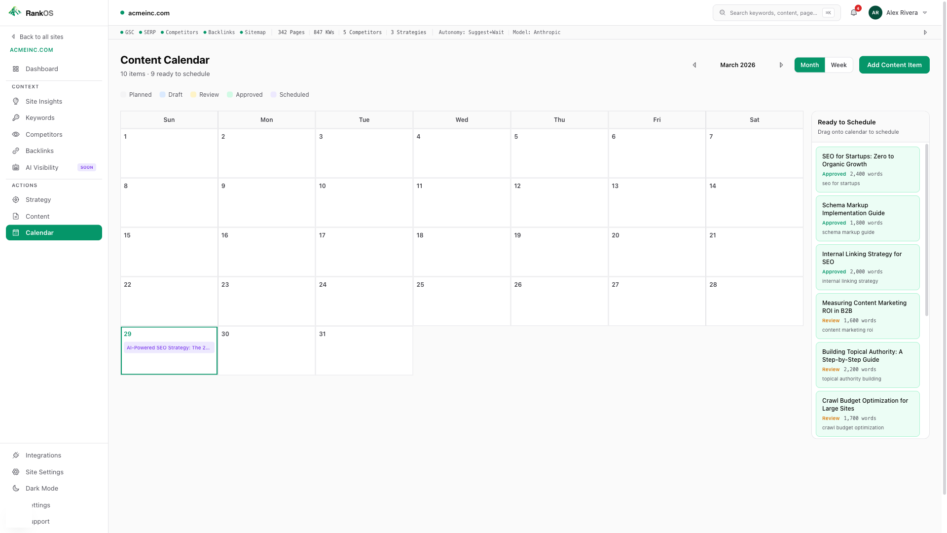 PageRise editorial calendar showing month view with color-coded content items, drag-and-drop scheduling, and pipeline status