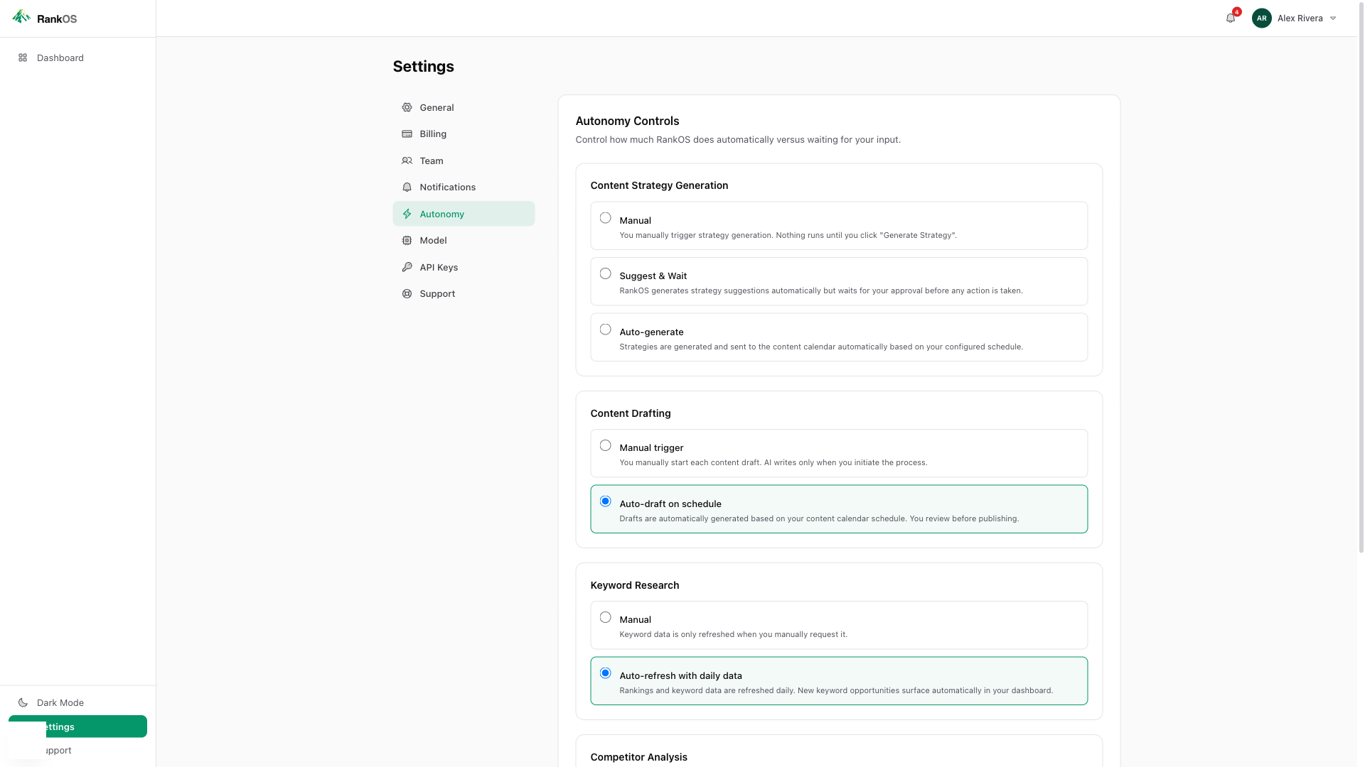 PageRise autonomy settings showing per-workflow automation controls